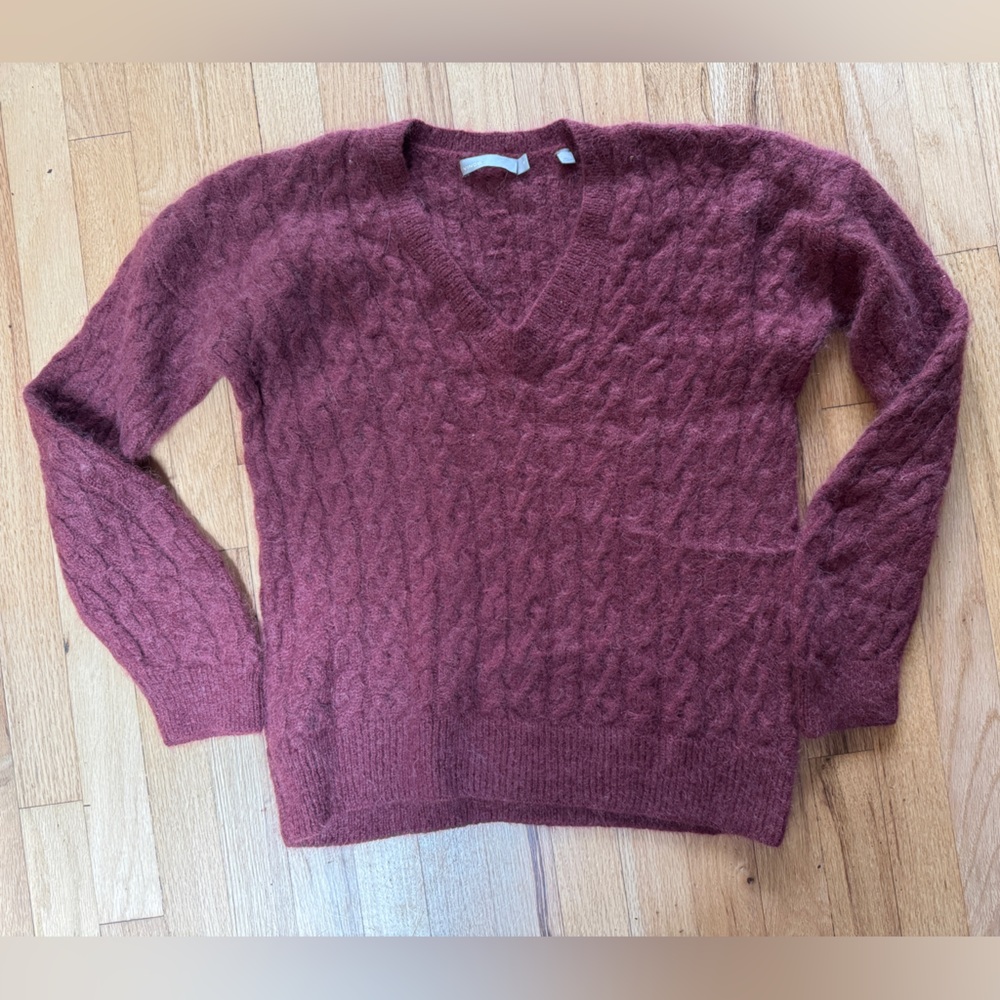 Gorgeous Vince V-Neck Alpaca Cable Knit Sweater Deep Mauve Pink Burgundy M